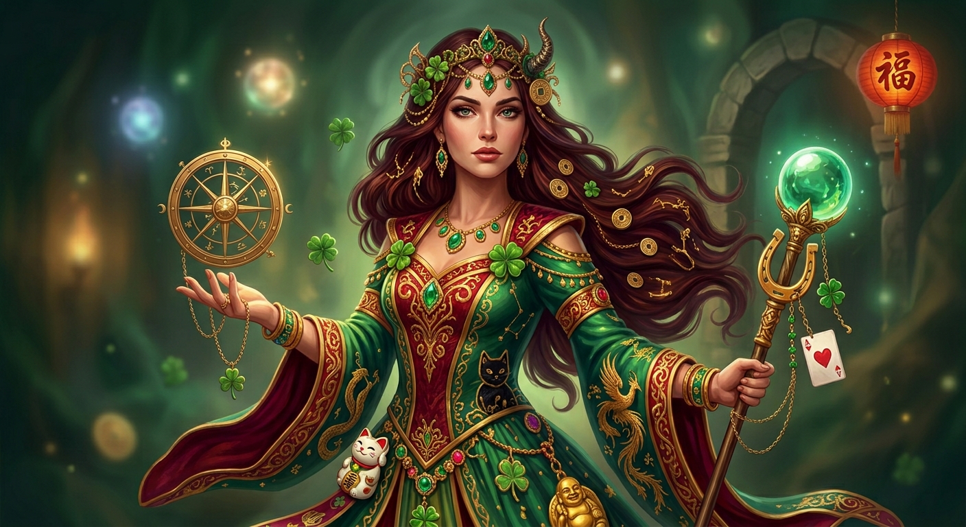 Lady Luck Goddess holding compass and crystal ball